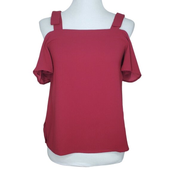 Ann Taylor Petite Womens Blouse Size XS Cold Shoulder Flare Sleeves Maroon XSP - Picture 4 of 10